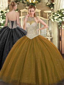 Brown Lace Up Halter Top Beading Quinceanera Dresses Tulle Sleeveless