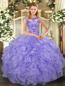 Attractive Beading and Appliques and Ruffles Sweet 16 Dress Lavender Lace Up Cap Sleeves Floor Length