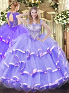Lavender Ball Gowns Organza Scoop Sleeveless Beading and Ruffled Layers Floor Length Lace Up 15th Birthday Dress