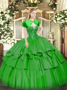 Green Quinceanera Dress Military Ball and Sweet 16 and Quinceanera with Beading and Ruffled Layers Sweetheart Sleeveless