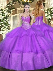 Ball Gowns Quince Ball Gowns Lilac Sweetheart Tulle Sleeveless Floor Length Lace Up