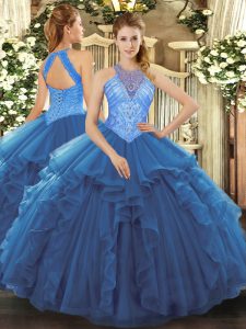 Blue Lace Up High-neck Beading and Ruffles Quinceanera Gowns Organza Sleeveless