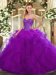 Wonderful Sweetheart Sleeveless Quinceanera Dress Floor Length Beading and Ruffles Purple Tulle