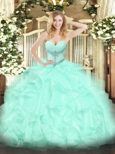 Sexy Apple Green Organza Lace Up Quinceanera Dress Sleeveless Floor Length Beading and Ruffles