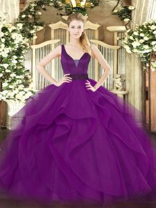 Customized Purple Quinceanera Gown Military Ball and Sweet 16 and Quinceanera with Beading and Ruffles Straps Sleeveless