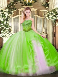 Noble Ball Gowns Strapless Sleeveless Tulle Floor Length Lace Up Beading and Ruffles Sweet 16 Quinceanera Dress