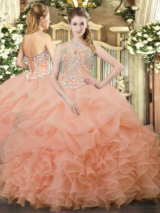 Fashionable Sweetheart Sleeveless Lace Up 15th Birthday Dress Peach Organza