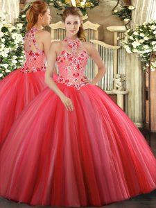 Elegant Coral Red Ball Gowns Embroidery Quince Ball Gowns Lace Up Tulle Sleeveless Floor Length