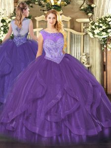 Sumptuous Eggplant Purple Sleeveless Floor Length Beading and Ruffles Lace Up Quinceanera Dresses