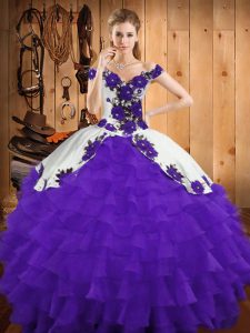 Exceptional White And Purple Sleeveless Embroidery and Ruffled Layers Floor Length Quinceanera Dresses