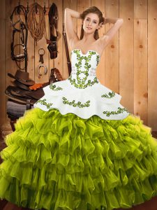 Pretty Olive Green Lace Up Quinceanera Gowns Embroidery and Ruffled Layers Sleeveless Floor Length