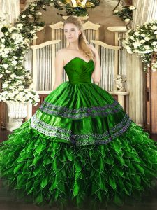 Spectacular Green Sweetheart Zipper Embroidery and Ruffles Sweet 16 Dress Sleeveless