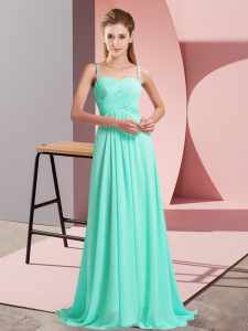 Charming Chiffon Spaghetti Straps Sleeveless Sweep Train Backless Ruching Prom Dresses in Turquoise