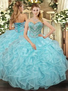 Aqua Blue Lace Up Sweetheart Beading and Ruffled Layers Quinceanera Dress Tulle Sleeveless