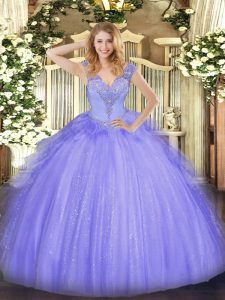 Lavender V-neck Neckline Beading Ball Gown Prom Dress Sleeveless Lace Up