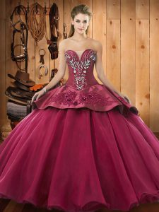 High Quality Fuchsia Ball Gowns Satin and Organza Sweetheart Sleeveless Beading and Embroidery Floor Length Lace Up Quin