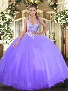 Elegant Sleeveless Floor Length Beading Lace Up Quinceanera Dress with Lavender