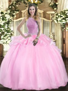 Affordable Pink Sleeveless Beading Floor Length Sweet 16 Quinceanera Dress
