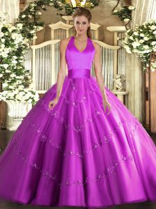 Extravagant Ball Gowns Ball Gown Prom Dress Fuchsia Halter Top Tulle Sleeveless Floor Length Lace Up
