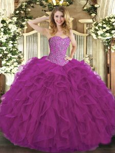 Sleeveless Floor Length Beading and Ruffles Lace Up Ball Gown Prom Dress with Fuchsia