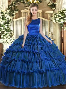 Shining Royal Blue Scoop Neckline Ruffled Layers Quince Ball Gowns Sleeveless Lace Up