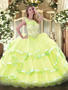 Hot Selling Floor Length Yellow Green Vestidos de Quinceanera Organza Sleeveless Beading and Ruffled Layers
