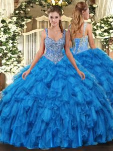 Romantic Blue Lace Up Quinceanera Gown Beading and Ruffles Sleeveless Floor Length