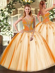 Gold Ball Gowns Tulle Sweetheart Sleeveless Beading Floor Length Lace Up Quinceanera Gown