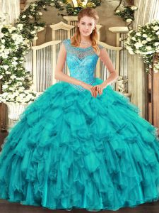 Floor Length Lace Up 15th Birthday Dress Aqua Blue for Sweet 16 and Quinceanera with Beading and Ruffles