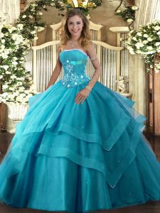 Fashionable Teal Strapless Lace Up Beading and Ruffled Layers Sweet 16 Dress Sleeveless