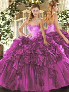 Fuchsia Ball Gowns Sweetheart Sleeveless Organza Floor Length Lace Up Beading and Ruffles 15 Quinceanera Dress