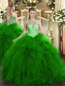 Luxurious Green Sleeveless Floor Length Ruffles and Sequins Lace Up Quinceanera Dresses