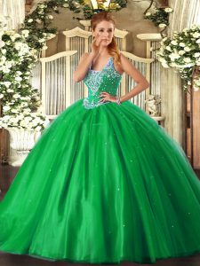 Beautiful Sleeveless Tulle Floor Length Lace Up Ball Gown Prom Dress in Green with Beading