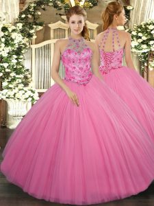 Best Ball Gowns Quinceanera Gowns Rose Pink Halter Top Tulle Sleeveless Floor Length Lace Up