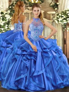 Enchanting Blue Ball Gowns Halter Top Sleeveless Organza Lace Up Beading and Embroidery and Ruffles Ball Gown Prom Dress