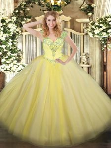V-neck Sleeveless Tulle Quinceanera Gown Beading Lace Up