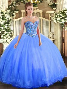 Blue Organza and Tulle Lace Up Sweetheart Sleeveless Floor Length Quinceanera Gowns Embroidery