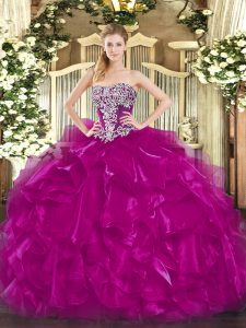 Designer Fuchsia Sleeveless Floor Length Beading and Ruffles Lace Up Vestidos de Quinceanera