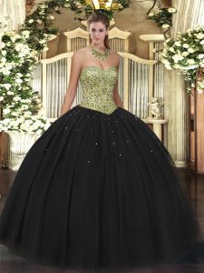 Black Sleeveless Floor Length Beading Lace Up Quinceanera Dress