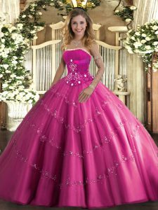 Hot Pink Lace Up Strapless Beading and Appliques Quince Ball Gowns Tulle Sleeveless