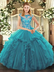 Teal Organza Lace Up 15 Quinceanera Dress Cap Sleeves Ruffles