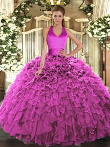 Fuchsia Lace Up Sweet 16 Dresses Ruffles Sleeveless Floor Length