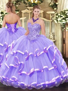 Latest Lavender Ball Gowns Sweetheart Sleeveless Organza Floor Length Lace Up Appliques and Ruffled Layers 15th Birthday