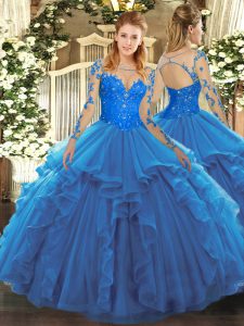 Blue Long Sleeves Lace and Ruffles Floor Length 15th Birthday Dress