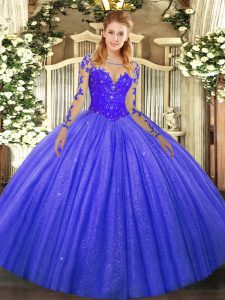 Floor Length Blue Sweet 16 Quinceanera Dress Tulle Long Sleeves Lace