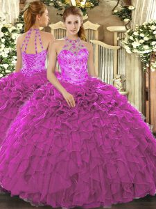 Vintage Fuchsia Sleeveless Organza Lace Up Quinceanera Gown for Military Ball and Sweet 16 and Quinceanera
