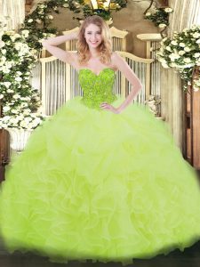 High Class Yellow Green Organza Lace Up Sweetheart Sleeveless Floor Length Ball Gown Prom Dress Ruffles