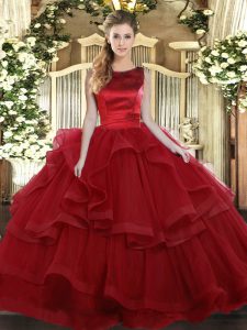 Wine Red Lace Up Vestidos de Quinceanera Ruffled Layers Sleeveless Floor Length