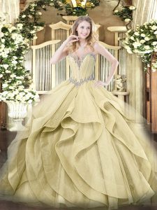Yellow Tulle Lace Up Quinceanera Gowns Sleeveless Floor Length Beading and Ruffles