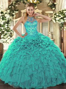 Flirting Halter Top Sleeveless Organza Ball Gown Prom Dress Beading and Embroidery and Ruffles Lace Up